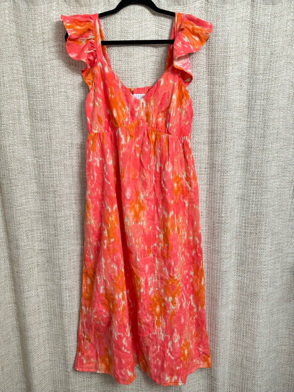 Ruffle Flutter Sleeve V-Neck Midi Dress Pink Orange Sz M NWT Beachy Coastalcore